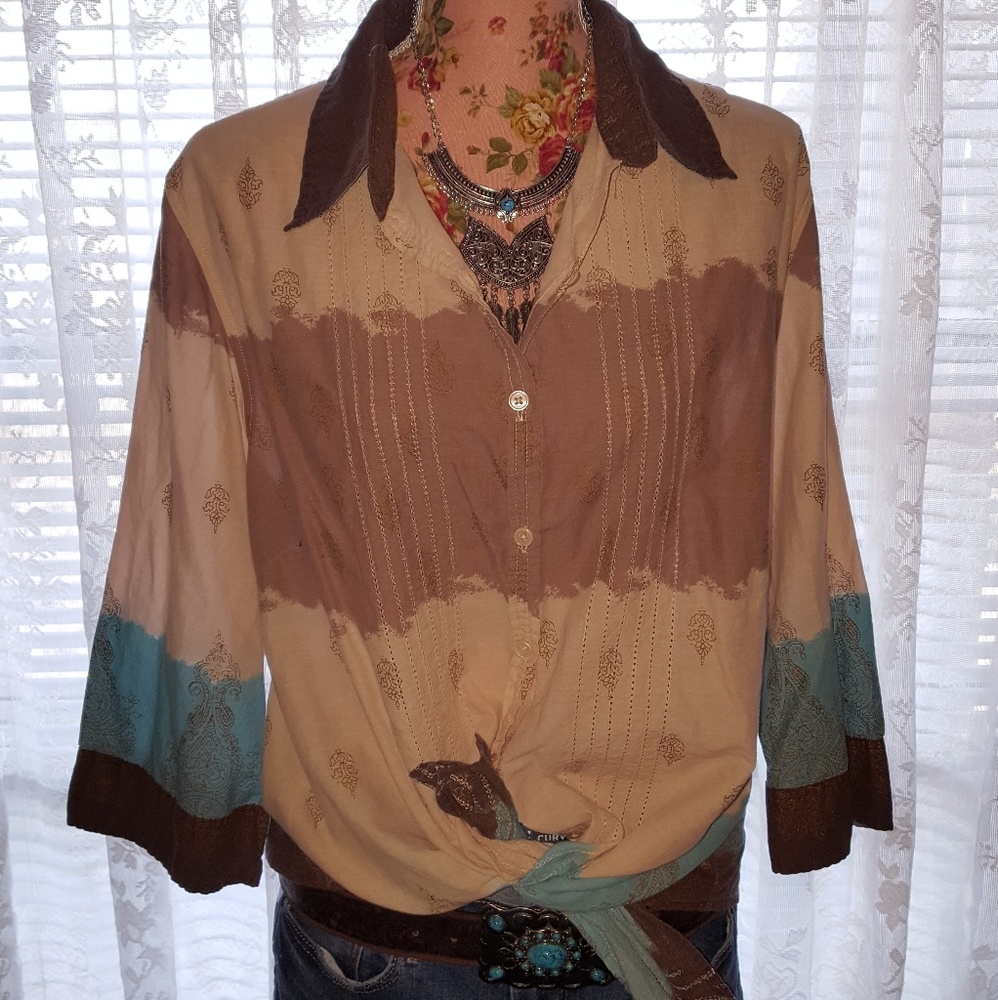 Brown and turquoise button down shirt